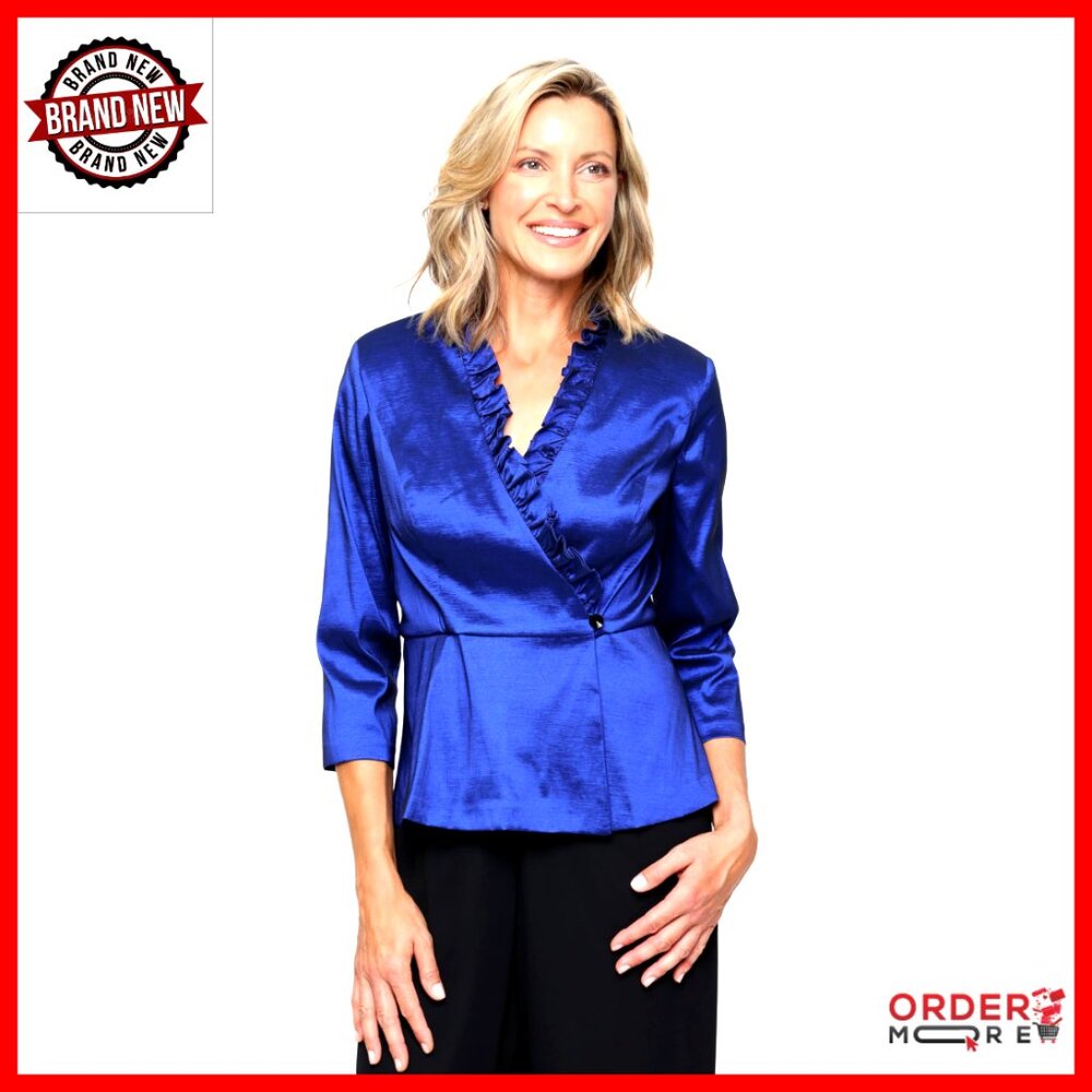 Stretch Taffeta Formal Blouse With Ruffle Collar 3/4 Sleeve Peplum Hem